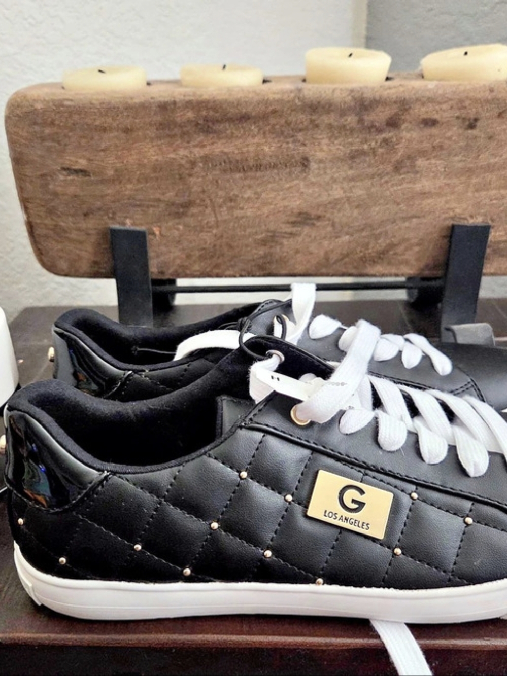 G by Guess Quilted Studded Sneakers in Black & White